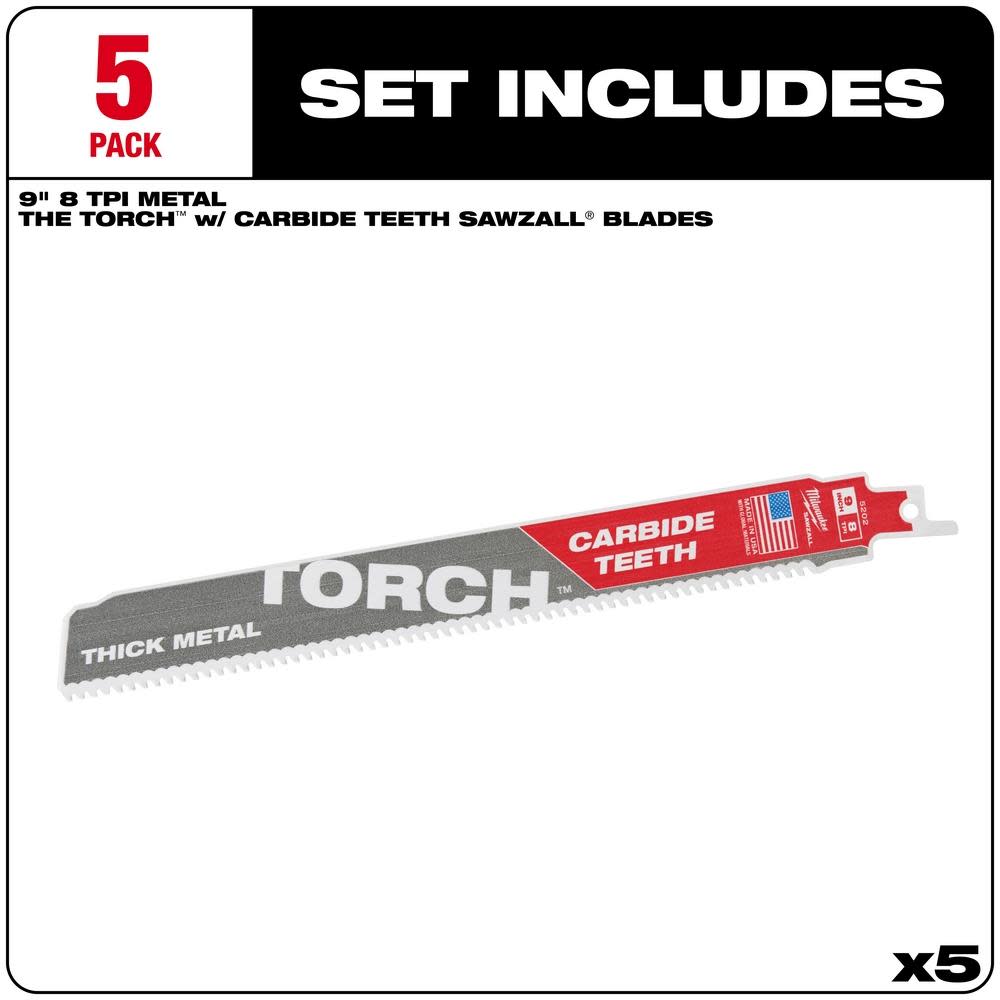 Milwaukee 9 in. 5 TPI THE TORCH Carbide Teeth Metal Cutting SAWZALL Reciprocating Saw Blade - Flockneti