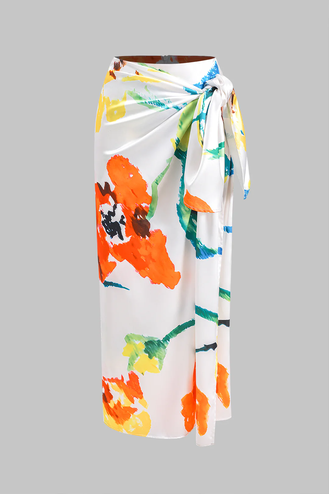 Floral Print Satin Ruched Tie Front Zipper Skirt - Flockneti
