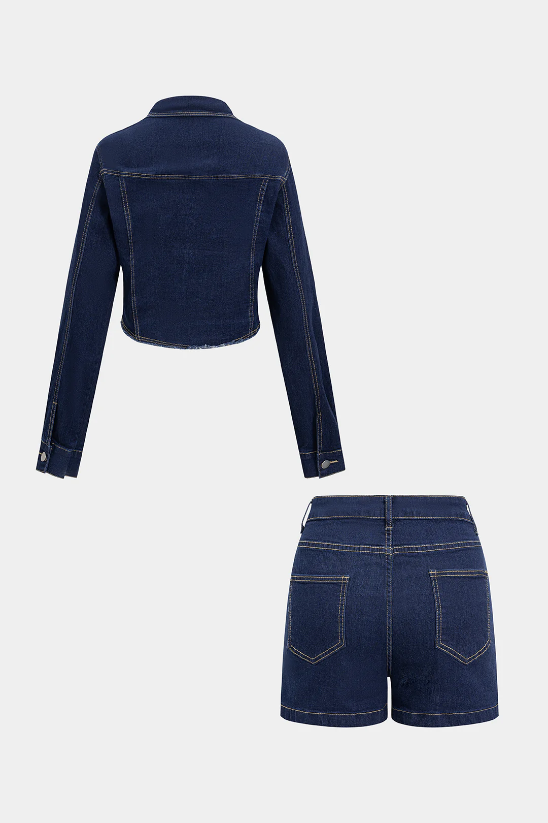 Denim Metallic Buckle Frayed Outerwear And Shorts Suit - Flockneti