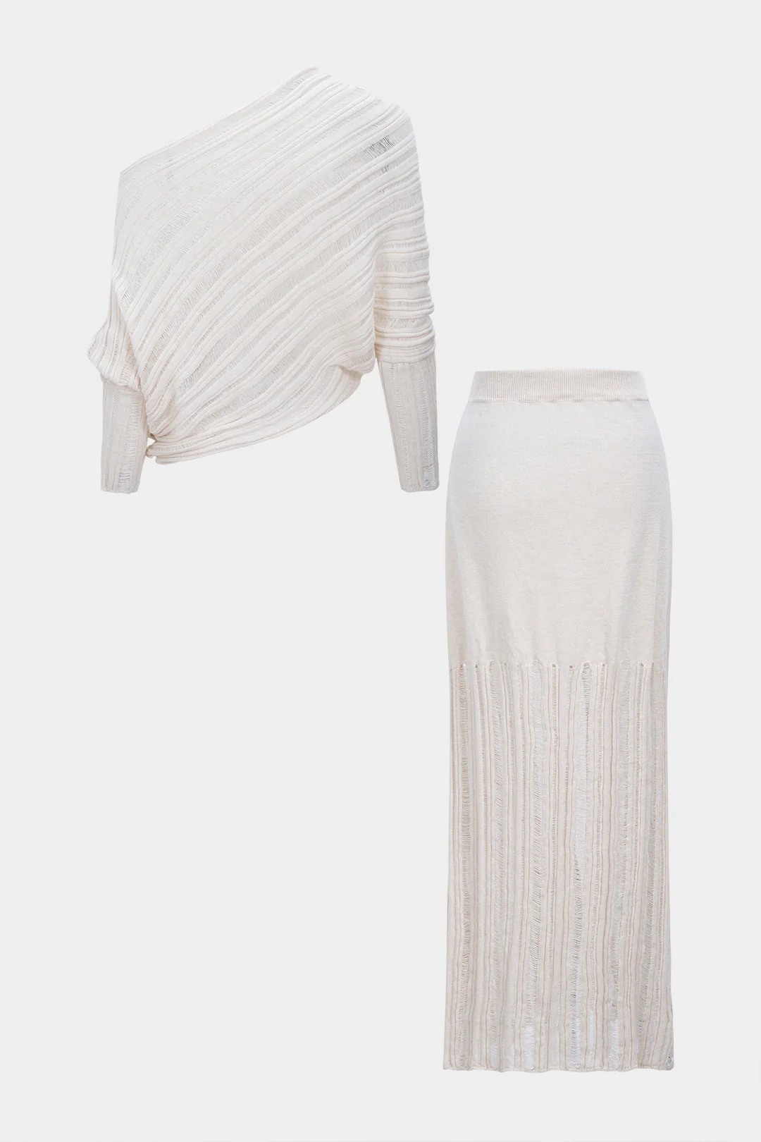 Knit Ripped Detail One Shoulder Long-Sleeve Top And Skirt Set - Flockneti