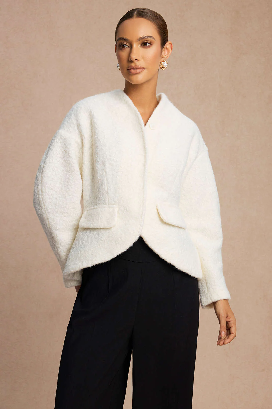 Woolen Fake Pockets Cropped Jacket - Flockneti