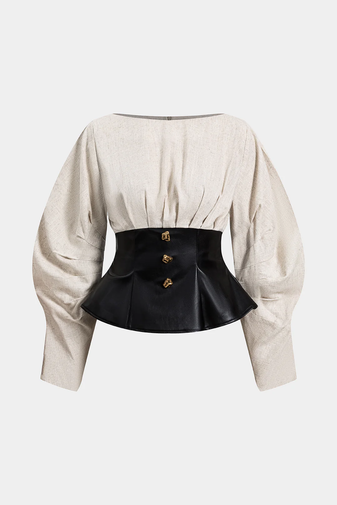 Linen Faux Leather Patchwork Long-Sleeve Shirt - Flockneti