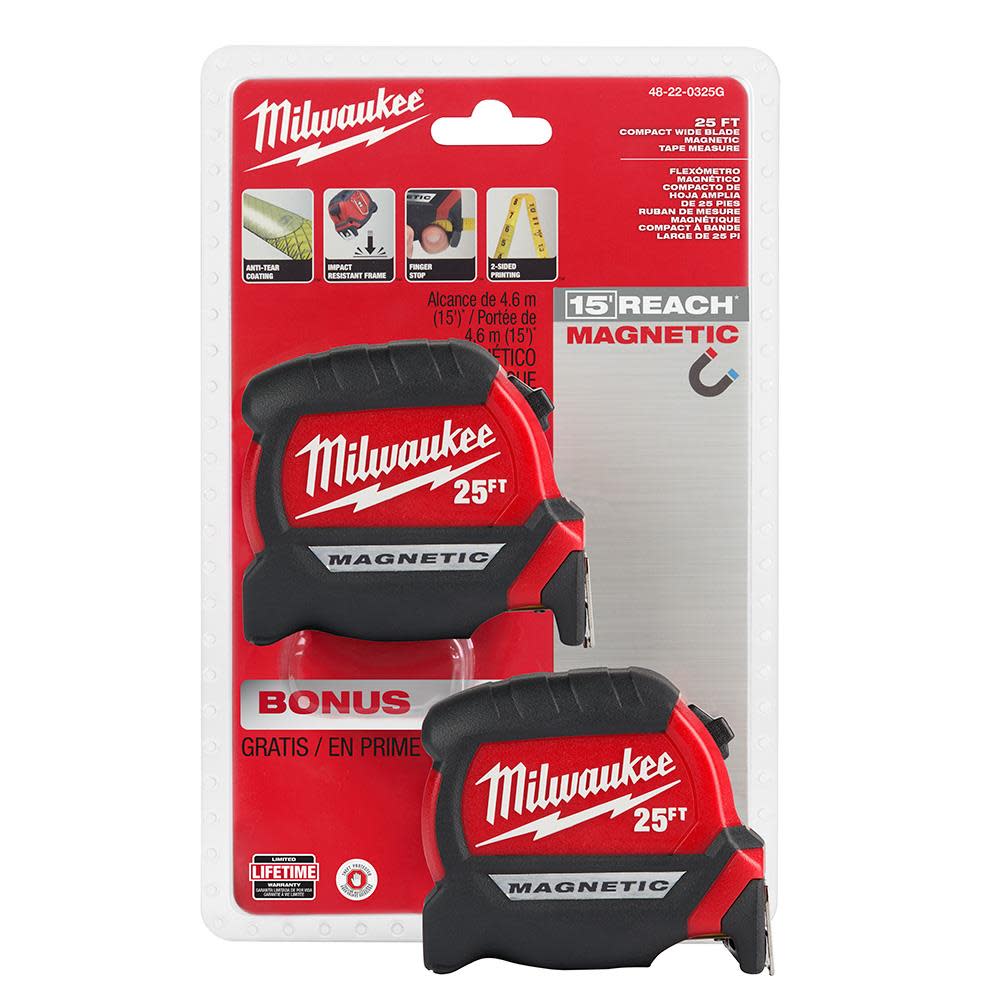 Milwaukee 25′ Compact Wide Blade Magnetic Tape Measure 2-Pack - Flockneti