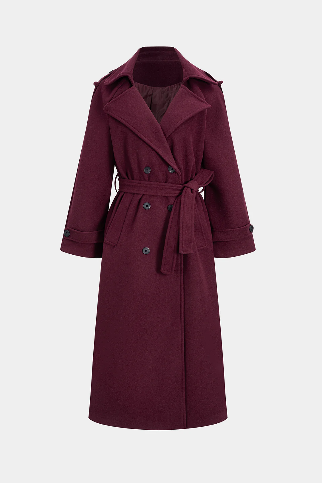 Woolen Double Breasted V-Neck Notched Lapel Belted Coat - Flockneti