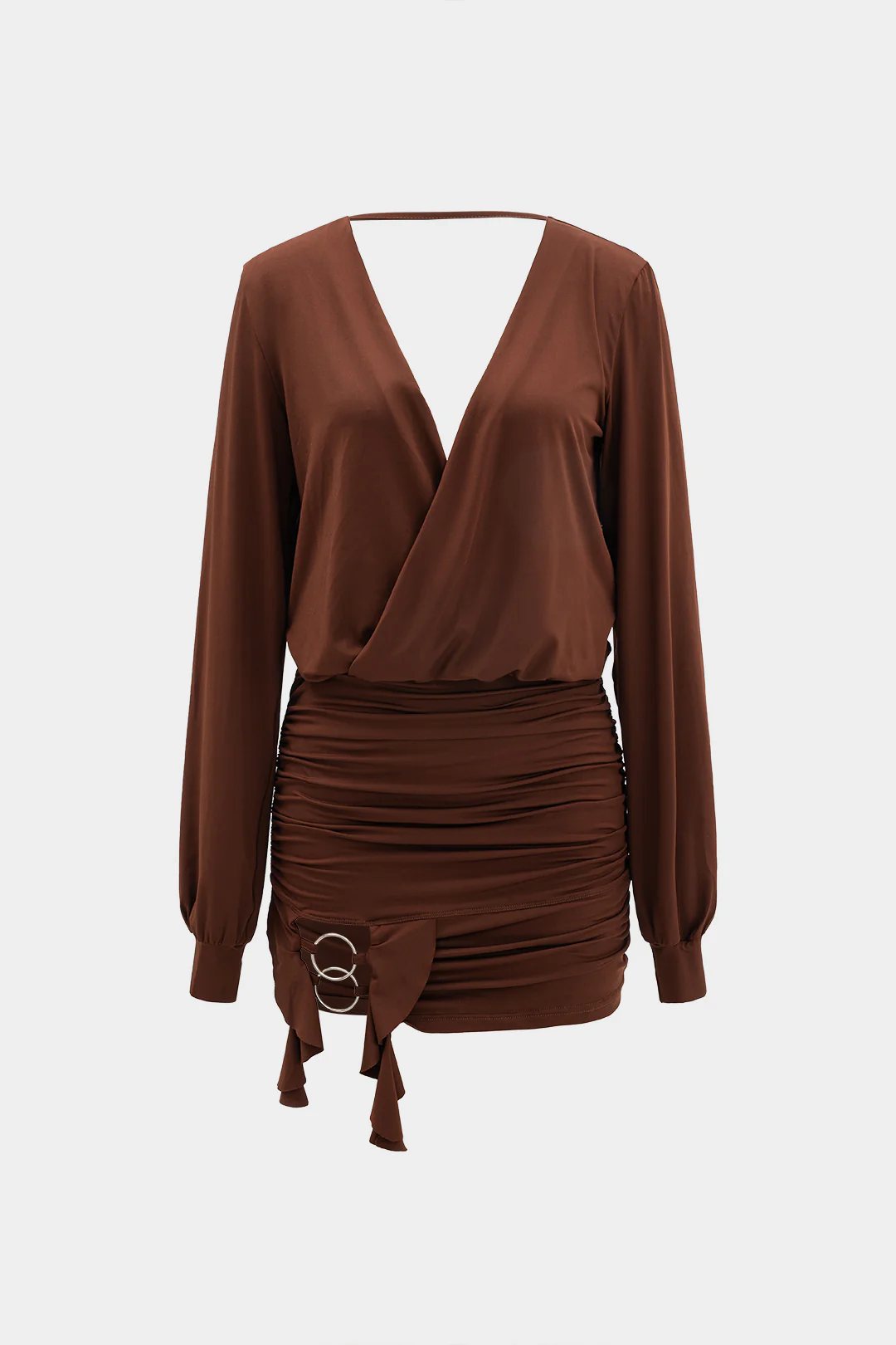 Backless Deep V-Neck Crossed Ruched Long Sleeve Mini Dress - Flockneti