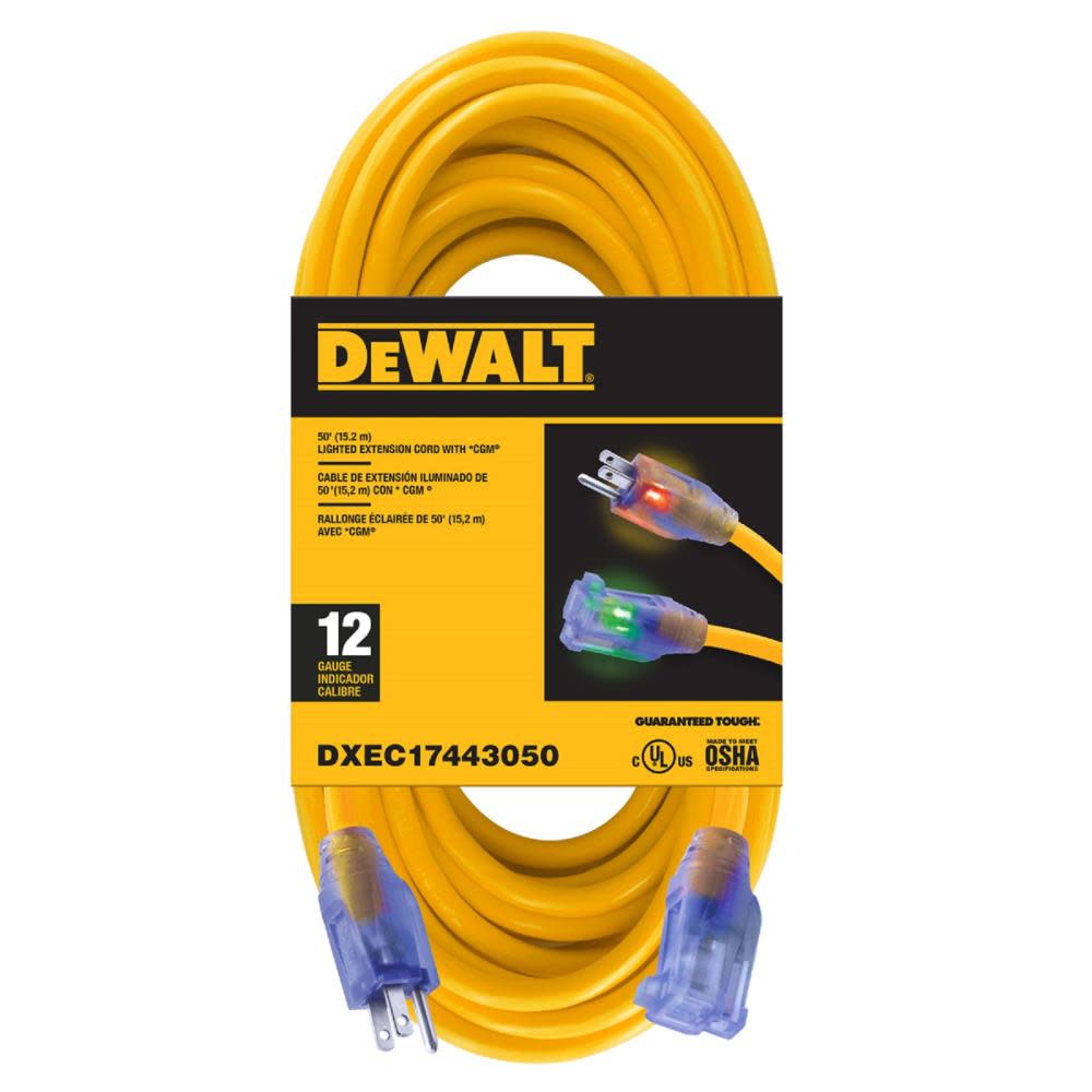 DEWALT 50′ 12/3 SJTW Lighted Extension Cord Yellow - Flockneti