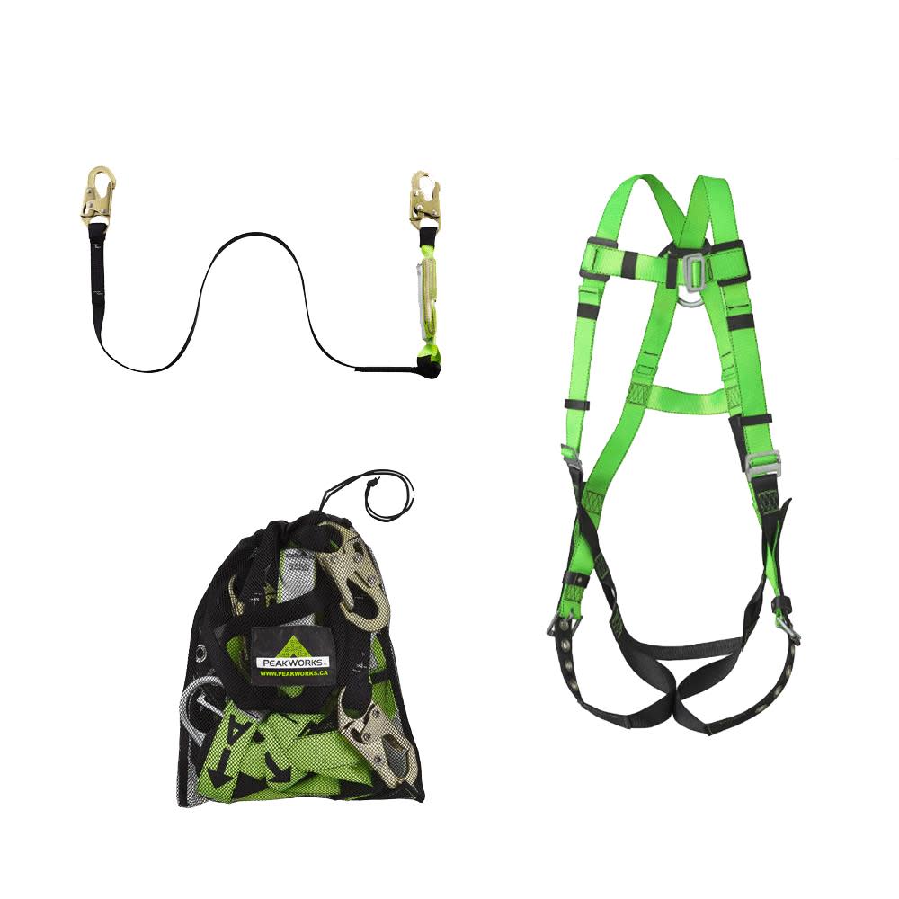 Peakworks Lightweight Adjustable Full Body Safety Harness 6 Ft. Lanyard with Snap Hooks and Mesh Carrying Bag Compliance Kit Green 19 In. H. x 17 In. L. x 14 In. W. Universal Fit - Flockneti