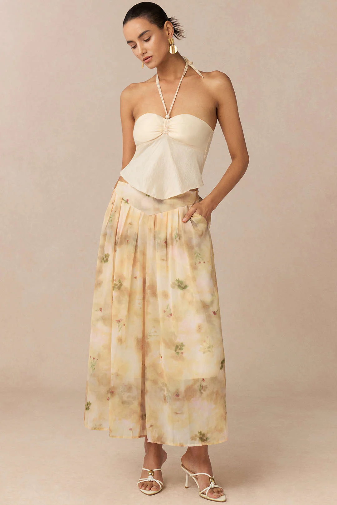 Halter Neck Tie Back Cami Top And Floral Print Wide Leg Pants - Flockneti