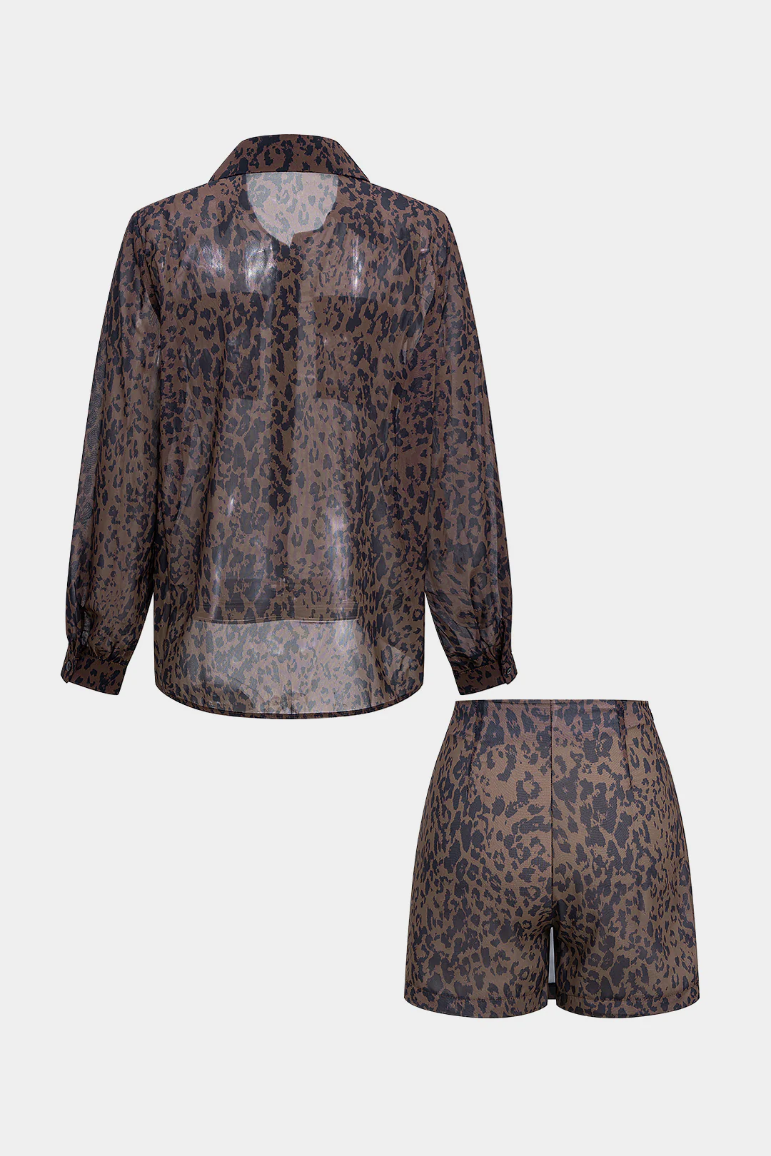 Chiffon Leopard Print Lapel Long Sleeve Shirt And High Waist Split Skirt Set - Flockneti