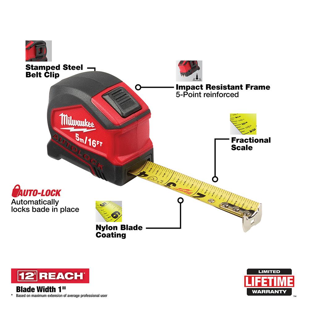 Milwaukee 5m/16′ Compact Auto Lock Tape Measure - Flockneti