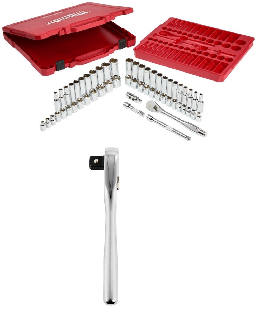 Milwaukee 3/8″ Drive 56pc Tool Set SAE/Metric with 12″ Ratchet Bundle - Flockneti