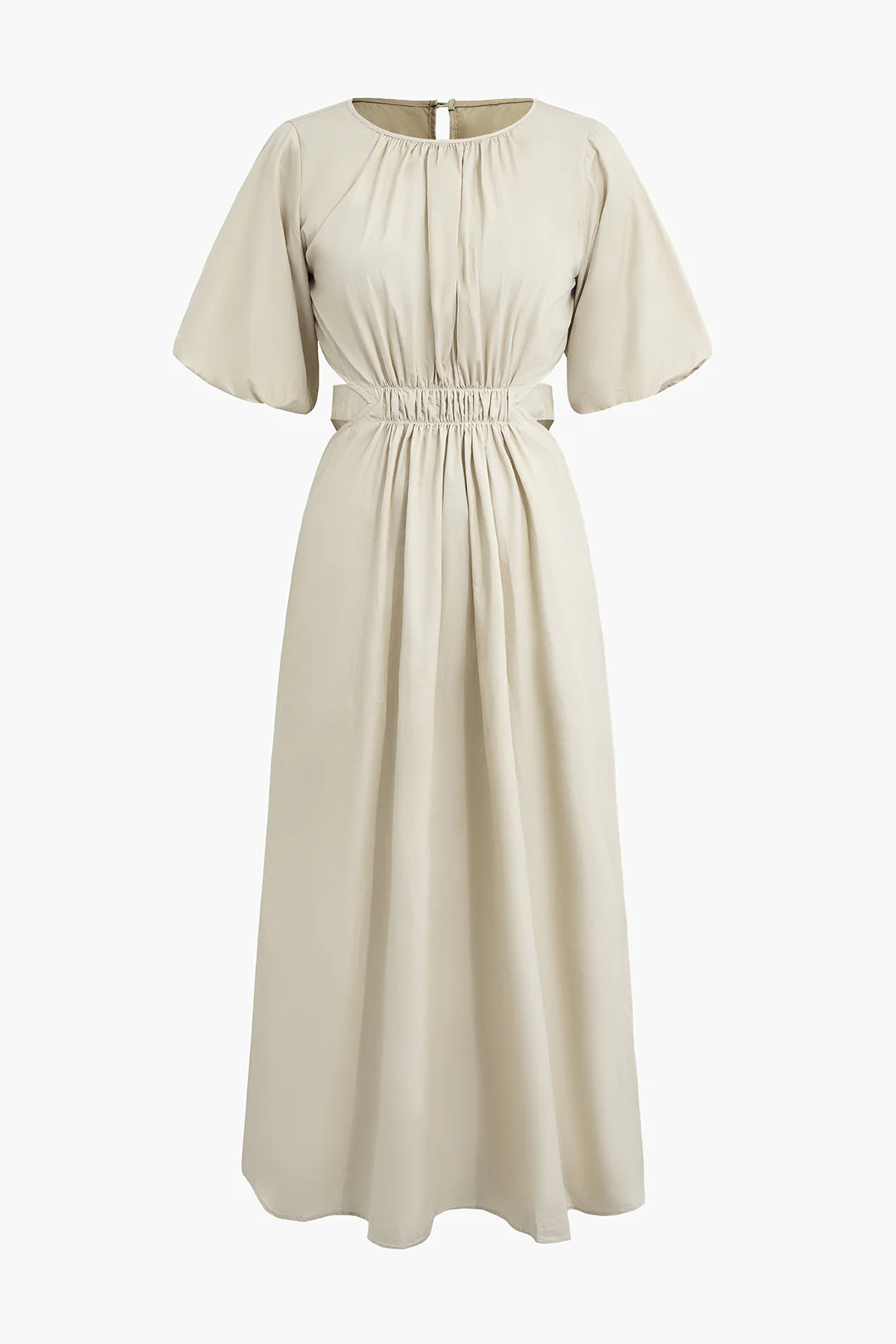 Round Neck Ruched Cut Out Tie Up  Puff Sleeve Midi Dress - Flockneti