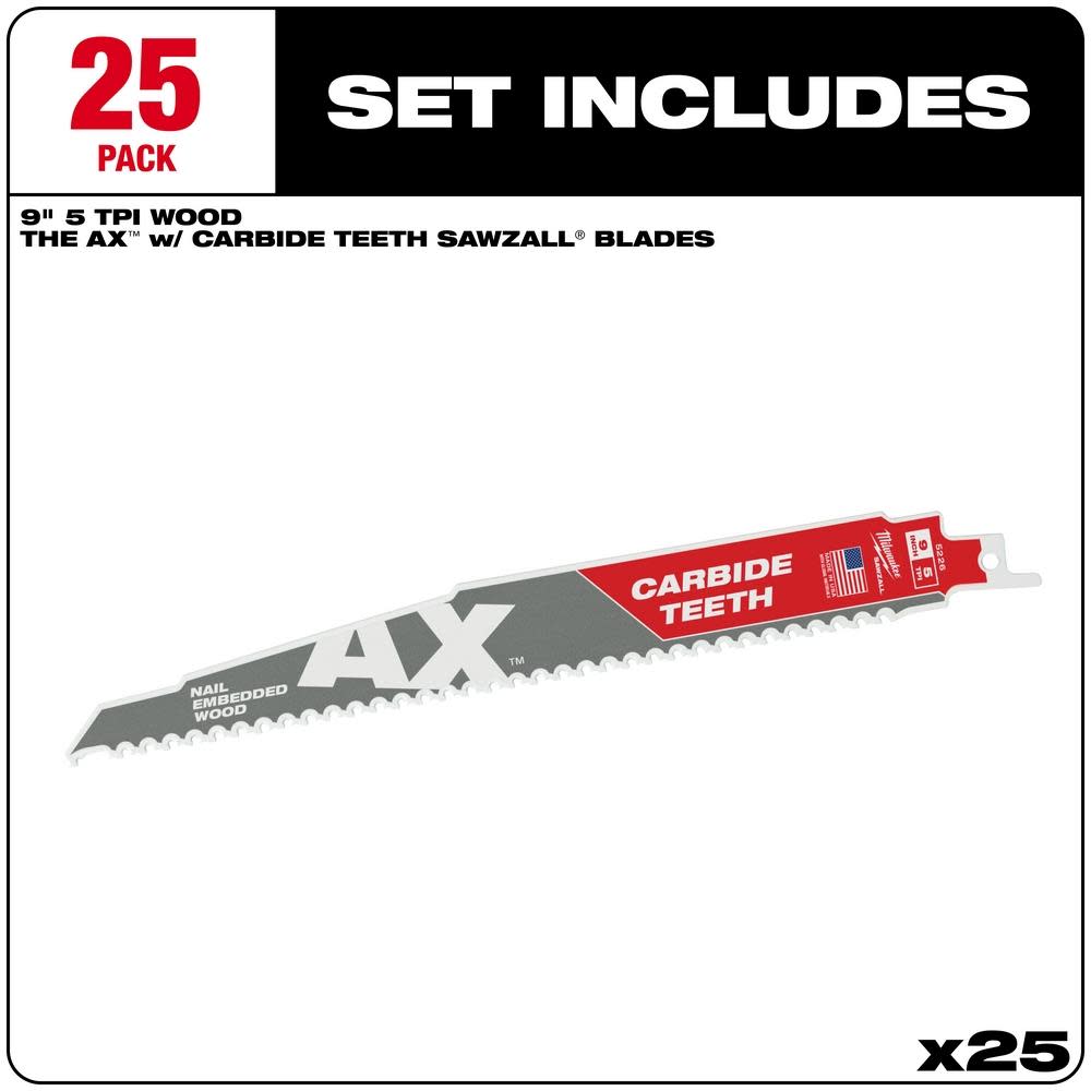 Milwaukee 9″5 TPI The AX(TM) with Carbide Teeth SAWZALL(R) Blade 25PK - Flockneti