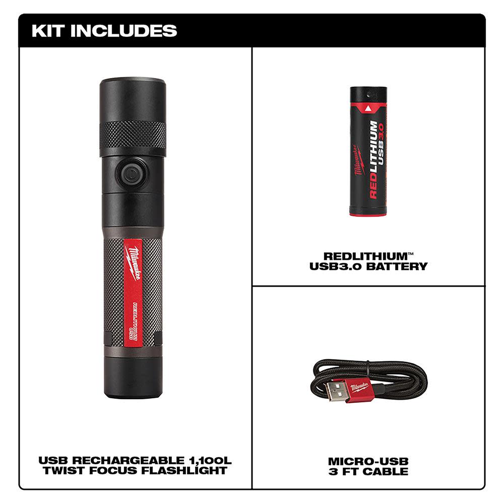 Milwaukee USB Rechargeable 1100L Twist Focus Flashlight - Flockneti
