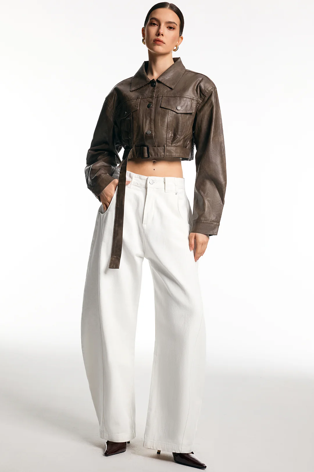 Faux Leather Belted Button Pocket Jacket - Flockneti