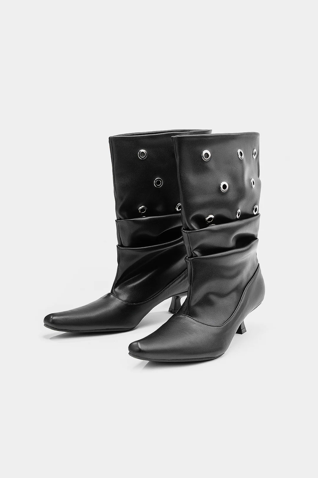 Studded Faux Leather Pointed Mid Calf Boots - Flockneti