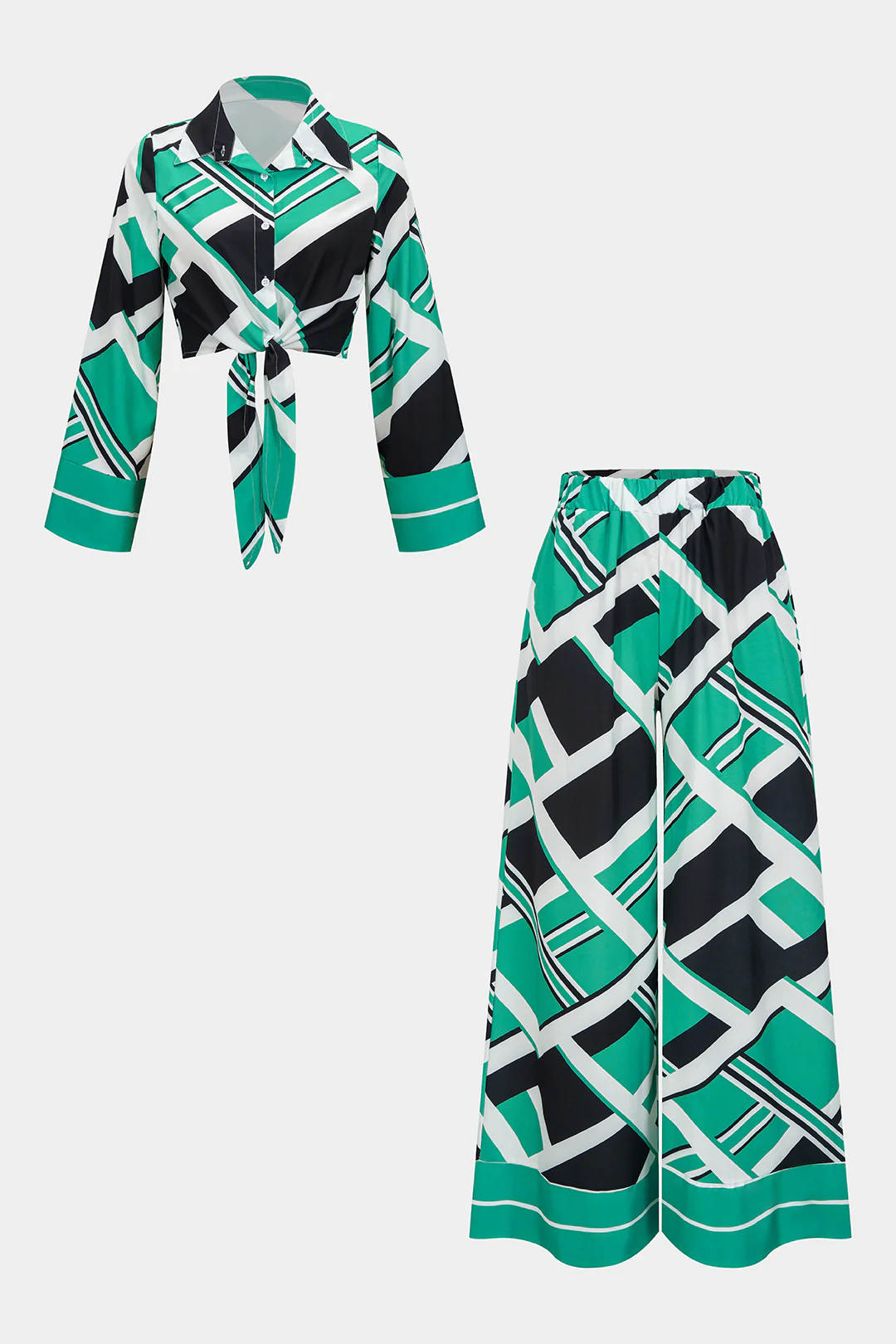 Abstract Geometric Print Satin Knotted Long Sleeve Top And Wide Leg Pants Set - Flockneti