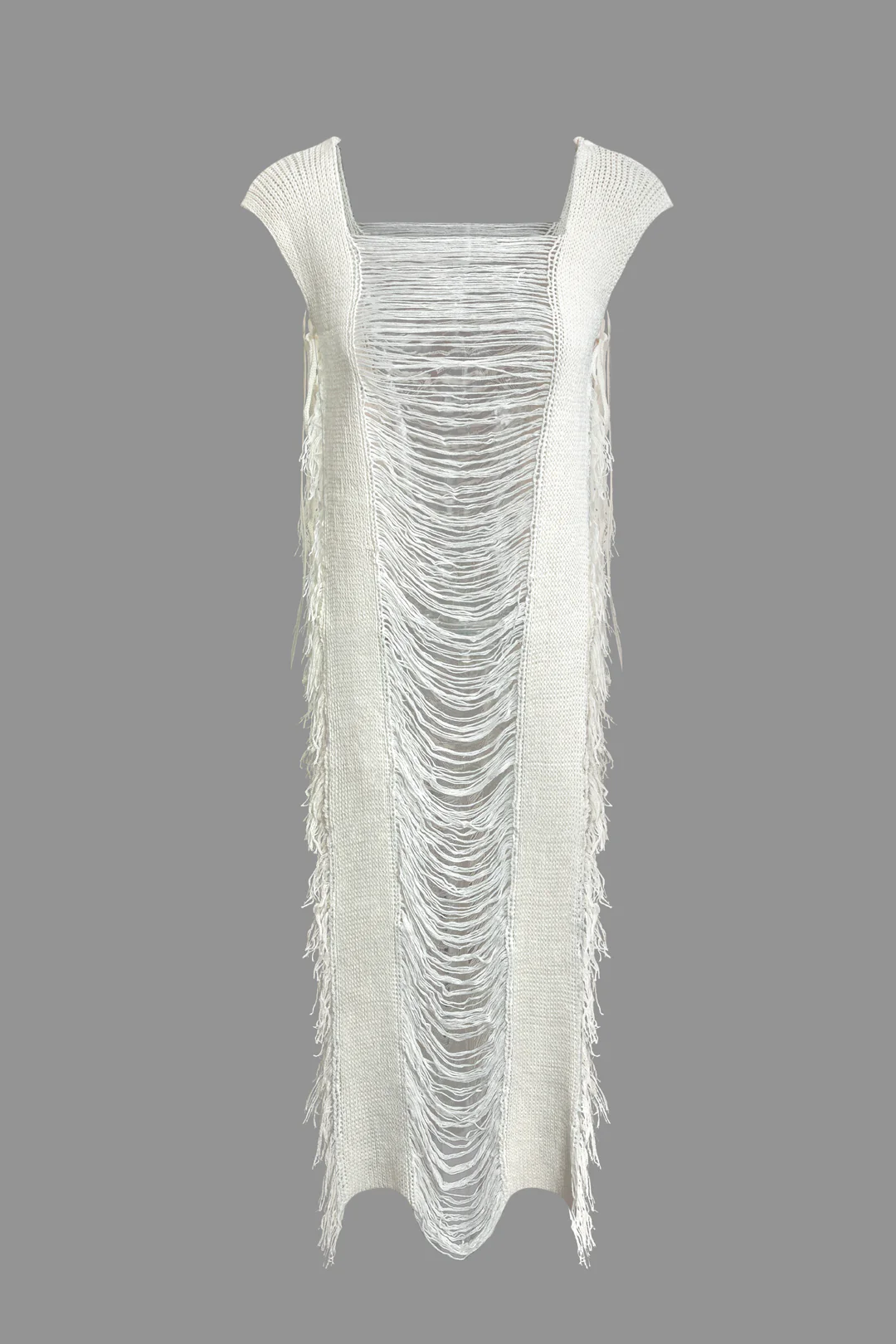 Knit Fringe Cut Out Ripped Sleeveless Dress - Flockneti