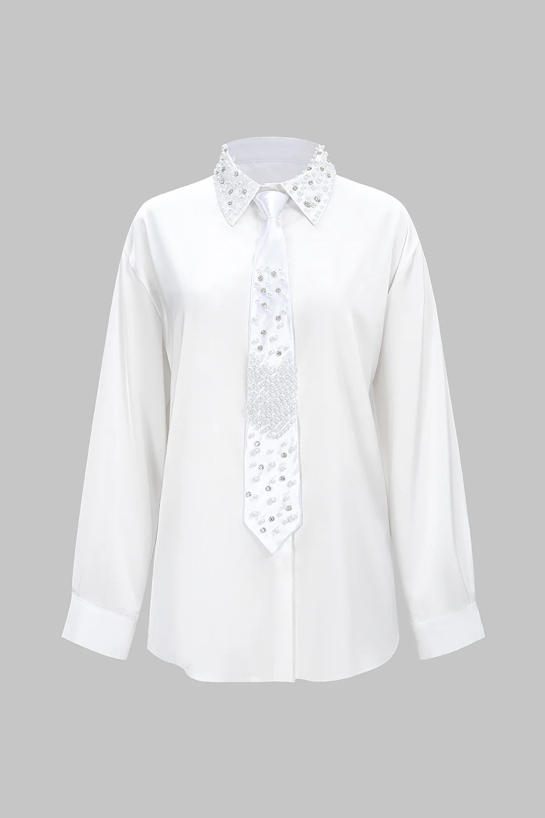 Satin Button Rhinestone Lapel Long-Sleeve Shirt With Tie - Flockneti