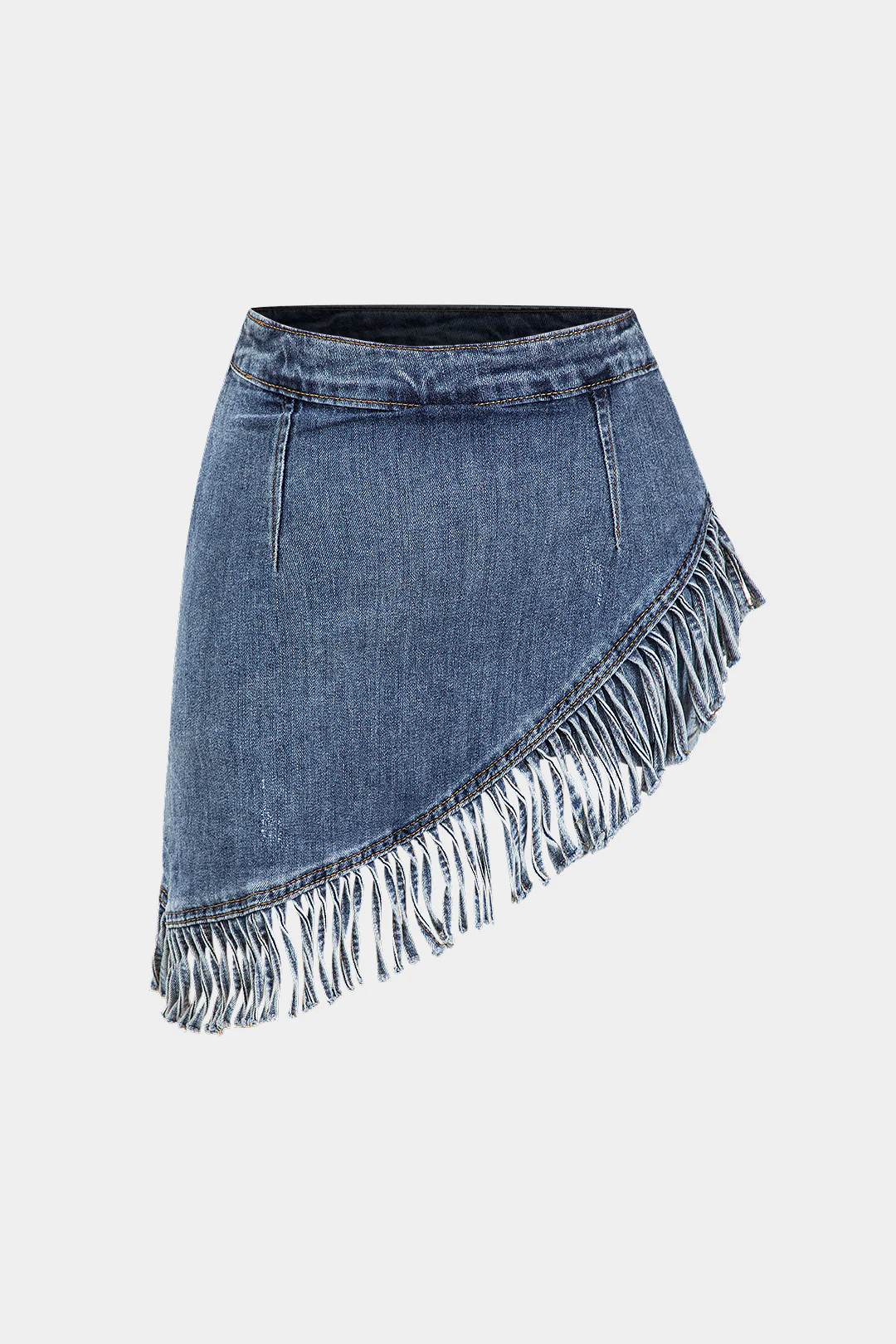 Denim Asymmetrical Fringe Hem High Waist Skirt - Flockneti