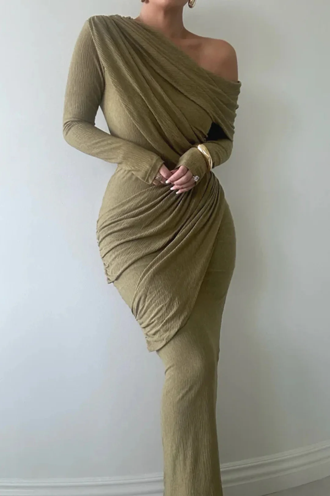 One Shoulder Ruched Long-Sleeve Top And Skirt Set - Flockneti