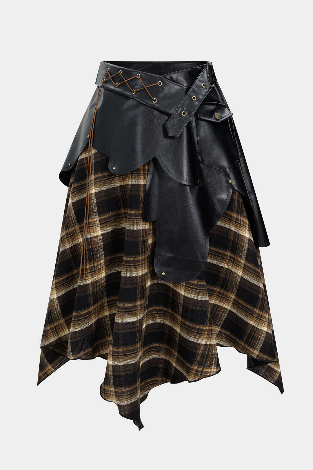 Plus Size Color Block Plaid Print Faux Leather Patchwork Tie-Up Asymmetrical Pocket Skirt - Flockneti