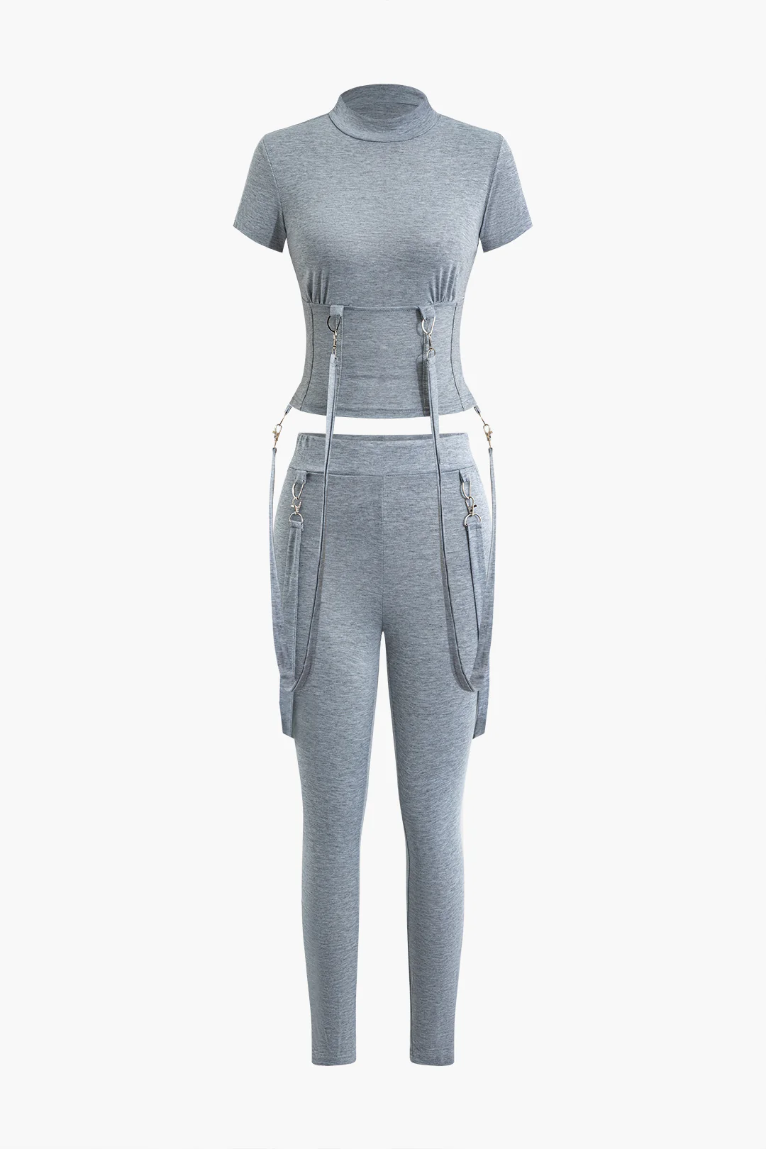 Solid Buckle Mock Neck Short Sleeves Top And Pants Set - Flockneti