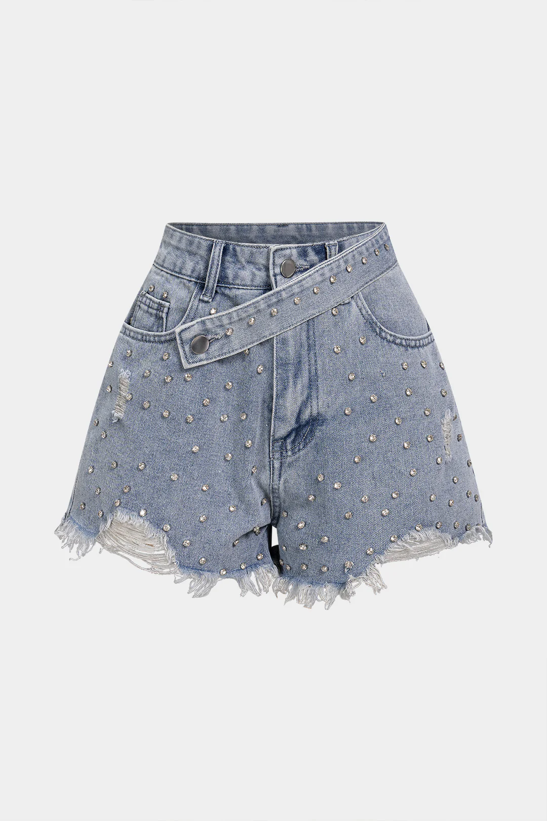 Denim Ripped Rhinestone Asymmetrical Shorts - Flockneti