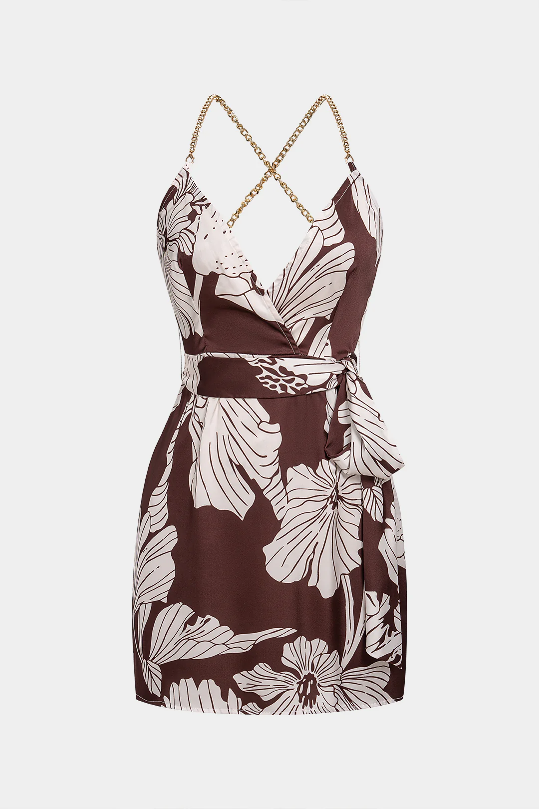 Floral Print Satin V-Neck Tie-Up Crossed Backless Sleeveless Mini Dress - Flockneti
