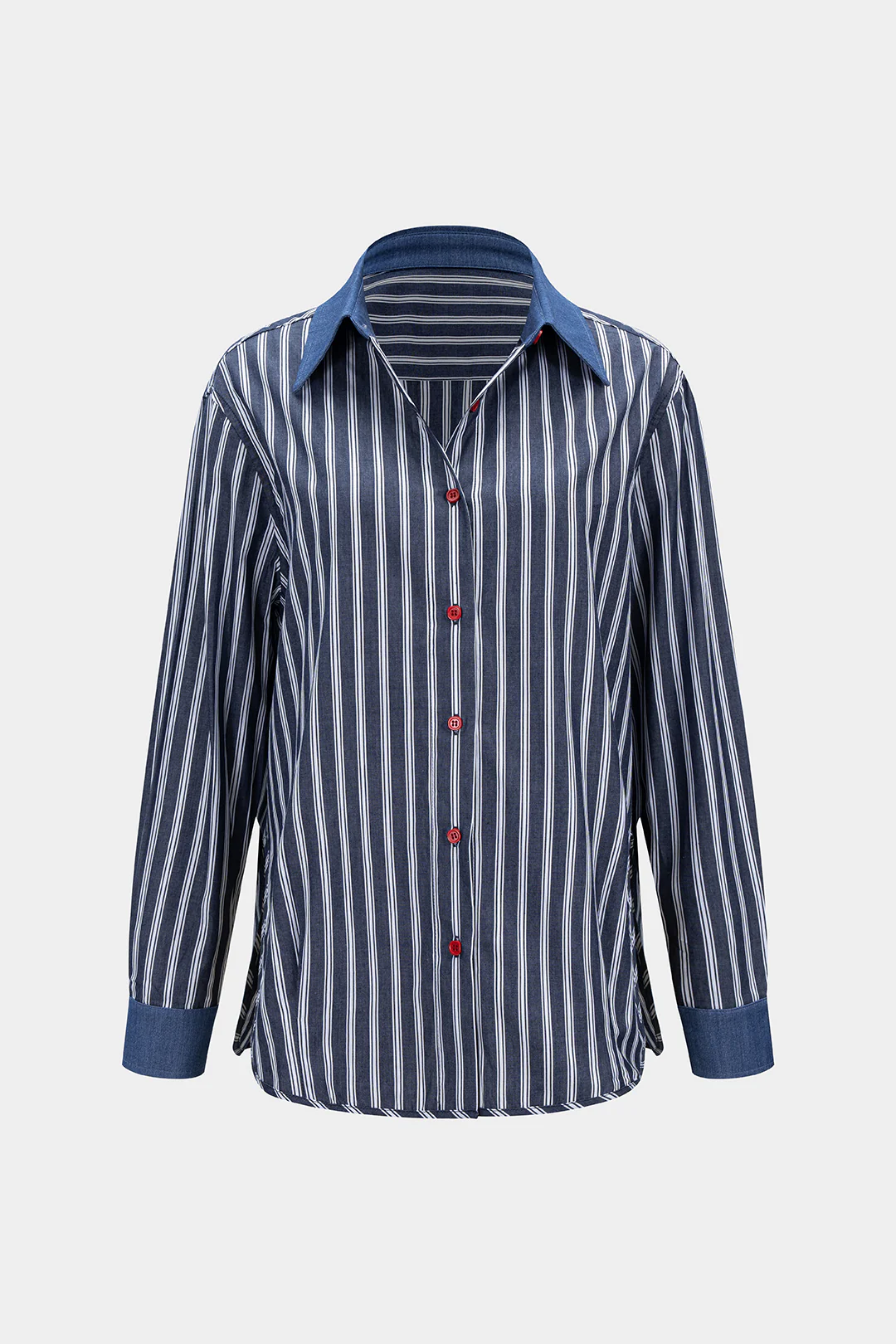 Contrast Stripes Print Denim Patchwork  Button Long-Sleeve Shirt - Flockneti