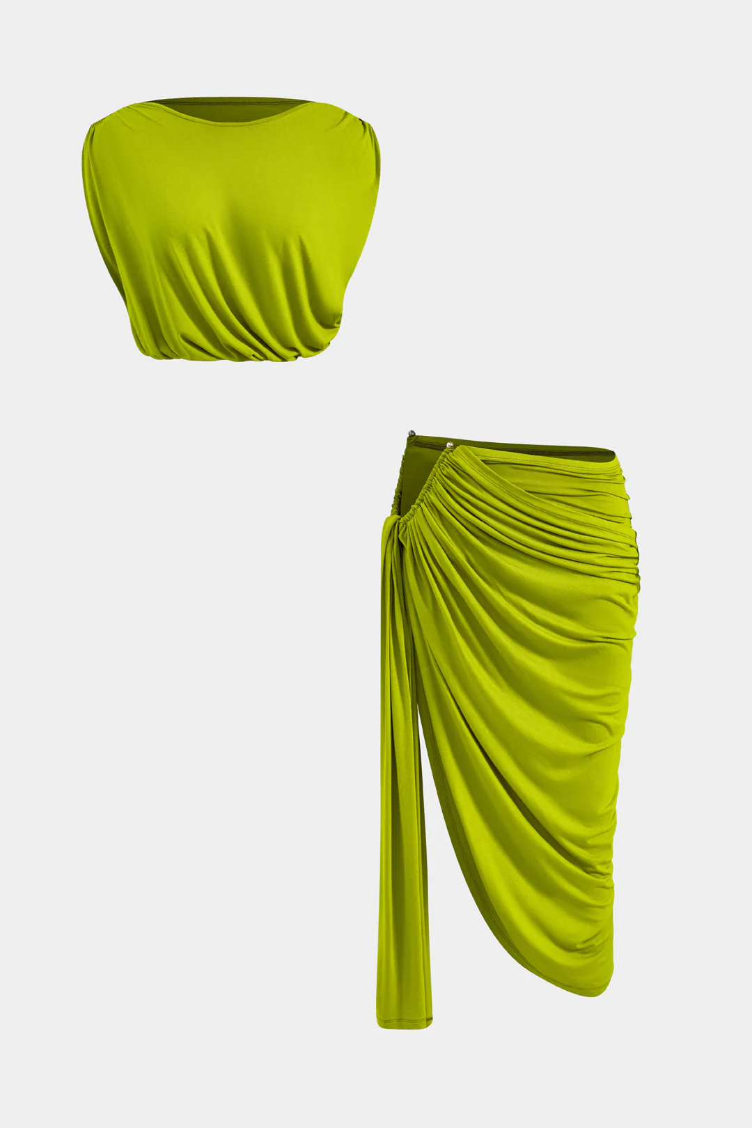Solid Ruched Top And Metal Asymmetrical Skirt Set - Flockneti