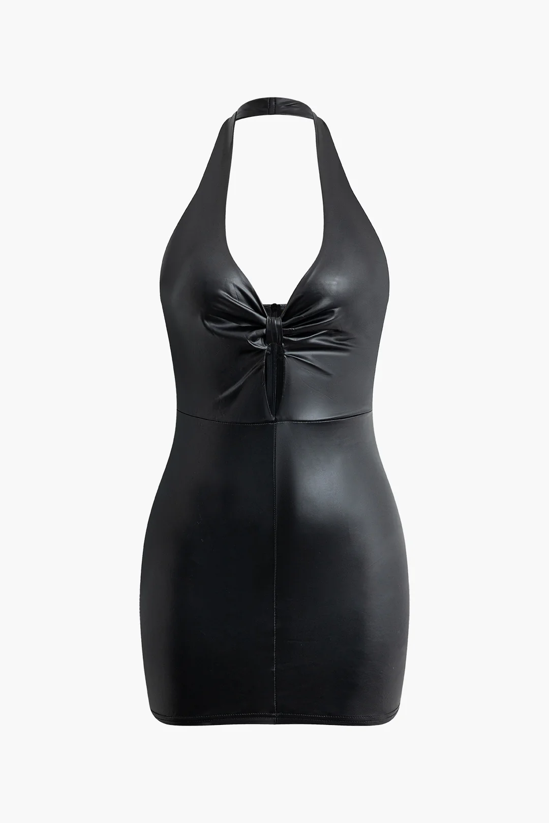 Faux Leather Halter Neck Bow Cut Out Backless Sleeveless Mini Dress - Flockneti