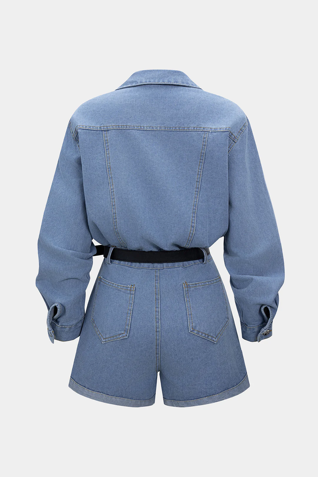 Denim Button Belted Long Sleeve Romper - Flockneti