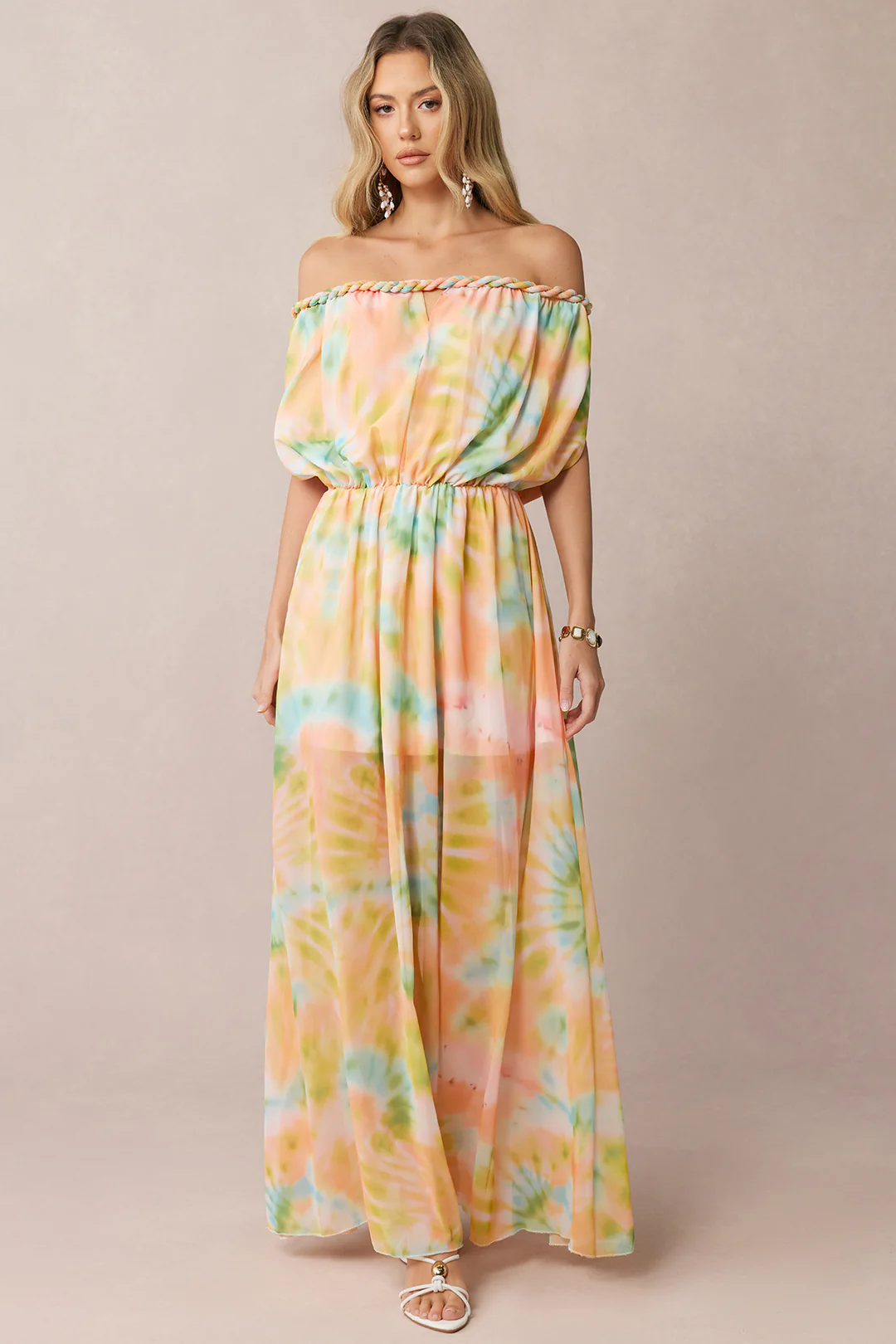 Tie Dye Print Chiffon Off Shoulder Twist Knot Ruched Sleeveless Maxi Dress - Flockneti