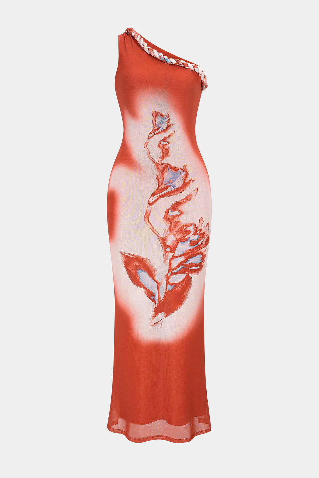 Floral Print Mesh One Shoulder Twist Knot Sleeveless Maxi Dress - Flockneti