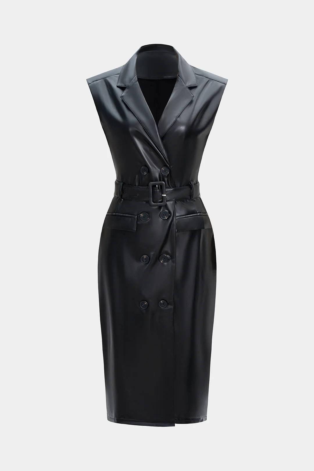 Faux Leather Button Belted Sleeveless Midi Dress - Flockneti