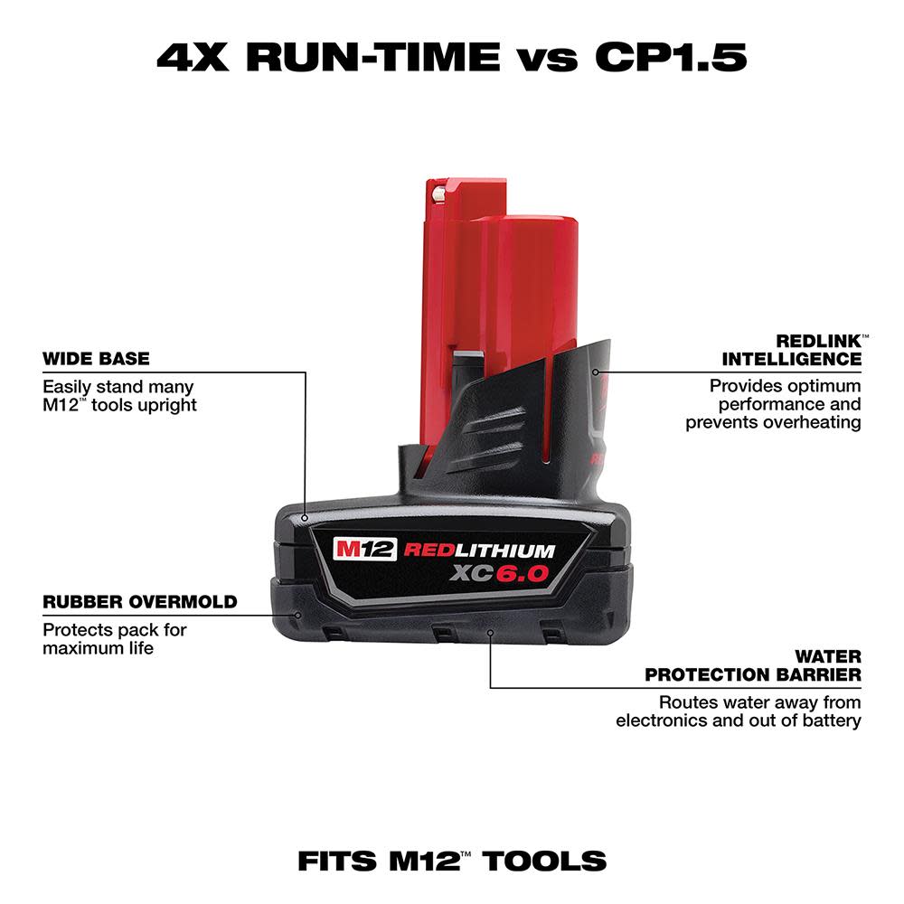 Milwaukee M12 REDLITHIUM XC 6.0Ah Extended Capacity Battery Pack - Flockneti