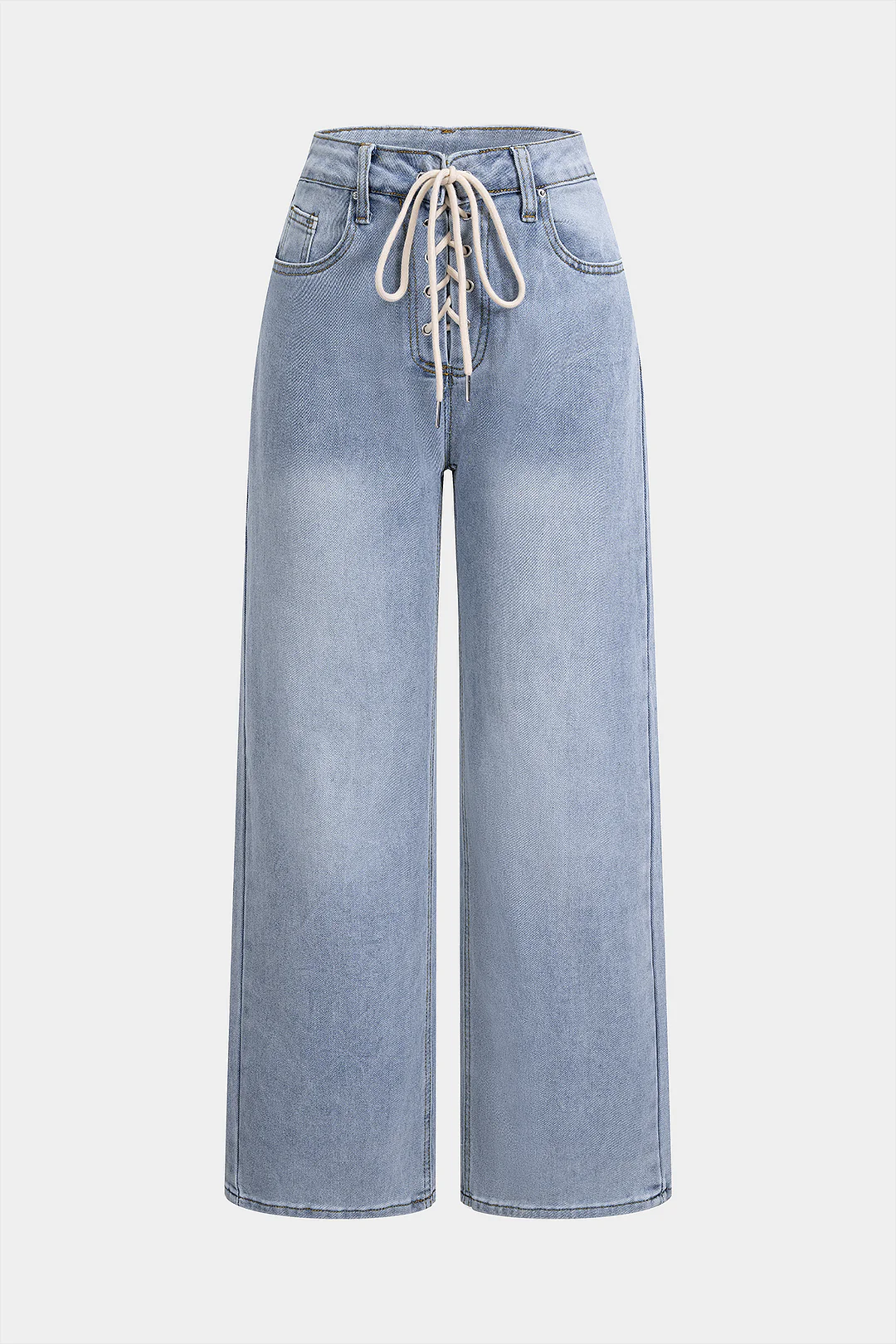 Denim Crossed Tie-Up Pocket Straight Leg Jeans - Flockneti