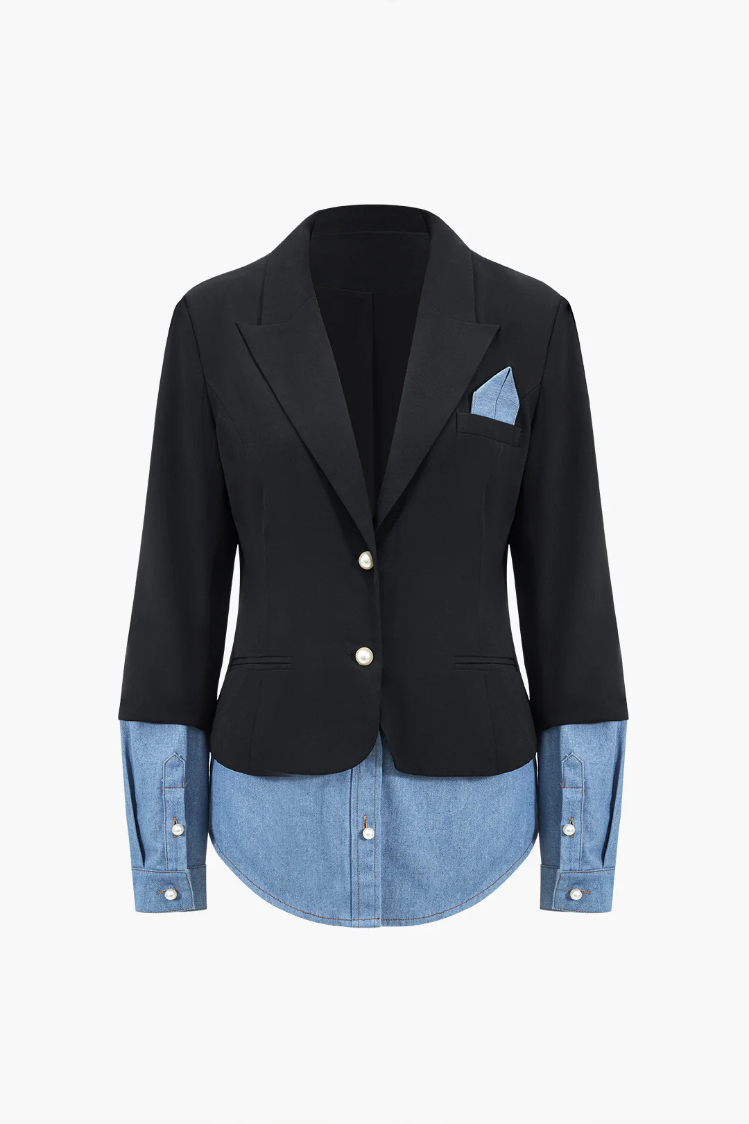 Denim Patchwork Notched Lapel Blazer - Flockneti