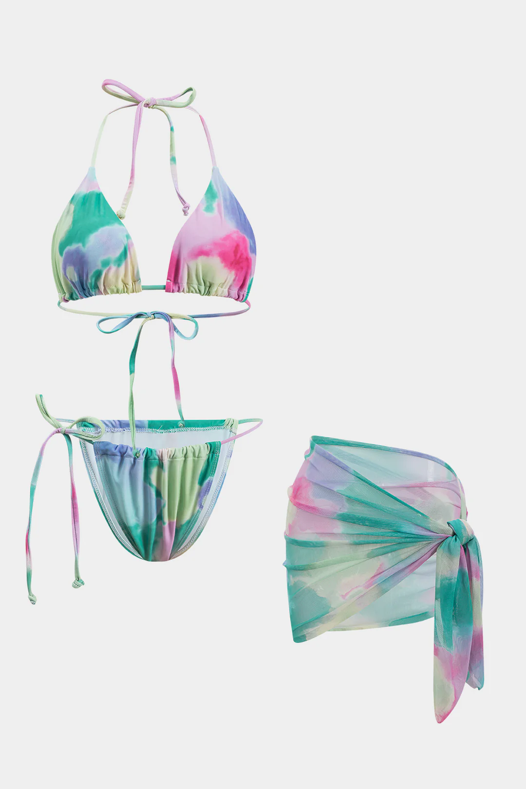 Abstract Print Ruched Tie Up Bikini And Tie Knot Cover Up Set - Flockneti