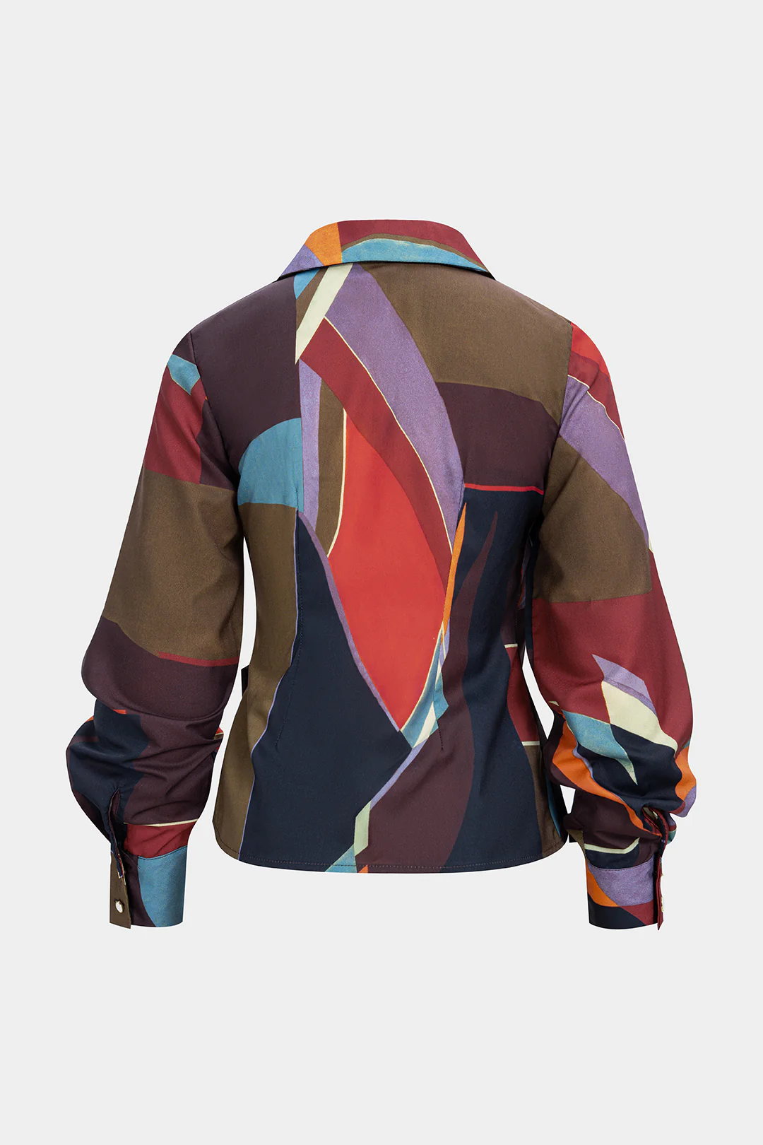 Contrast Geometric Print Button Ruched Long-Sleeve Shirt - Flockneti