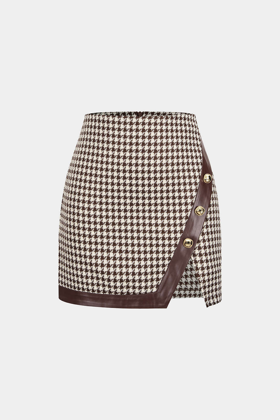 Houndstooth Print Faux Leather Patchwork Asymmetrical Side Split Skirt - Flockneti
