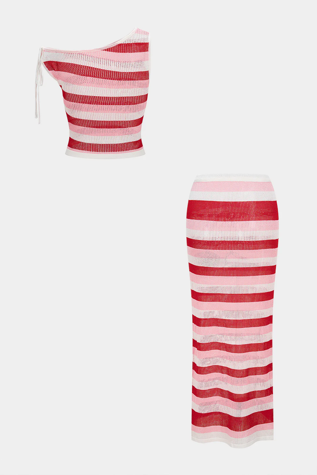 Contrast Stripes One Shoulder Tie-Up Cami Top And Skirt Set - Flockneti