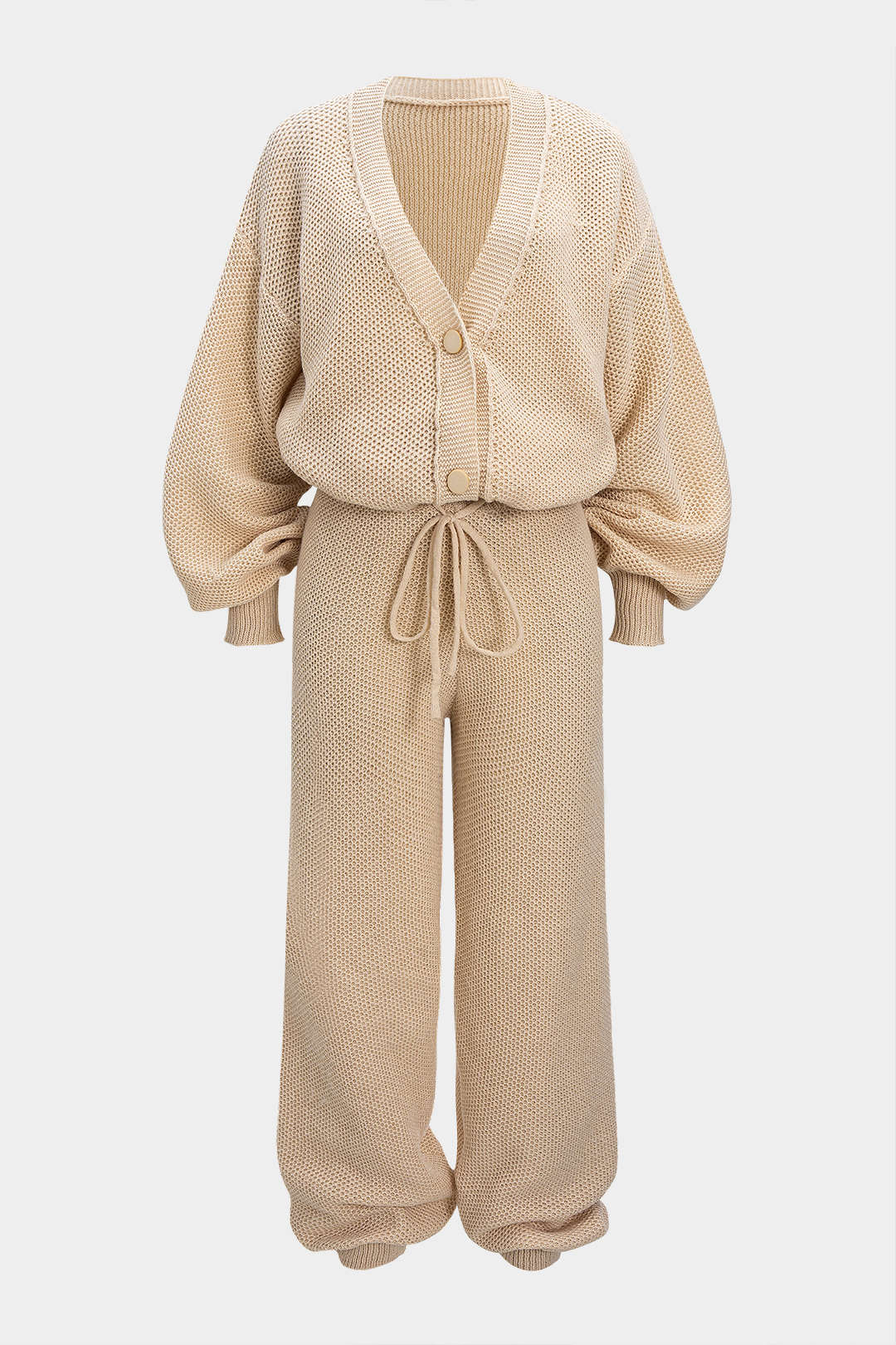 Button V-Neck Sweater Cardigan And Tie-Up Lantern Pants Set - Flockneti