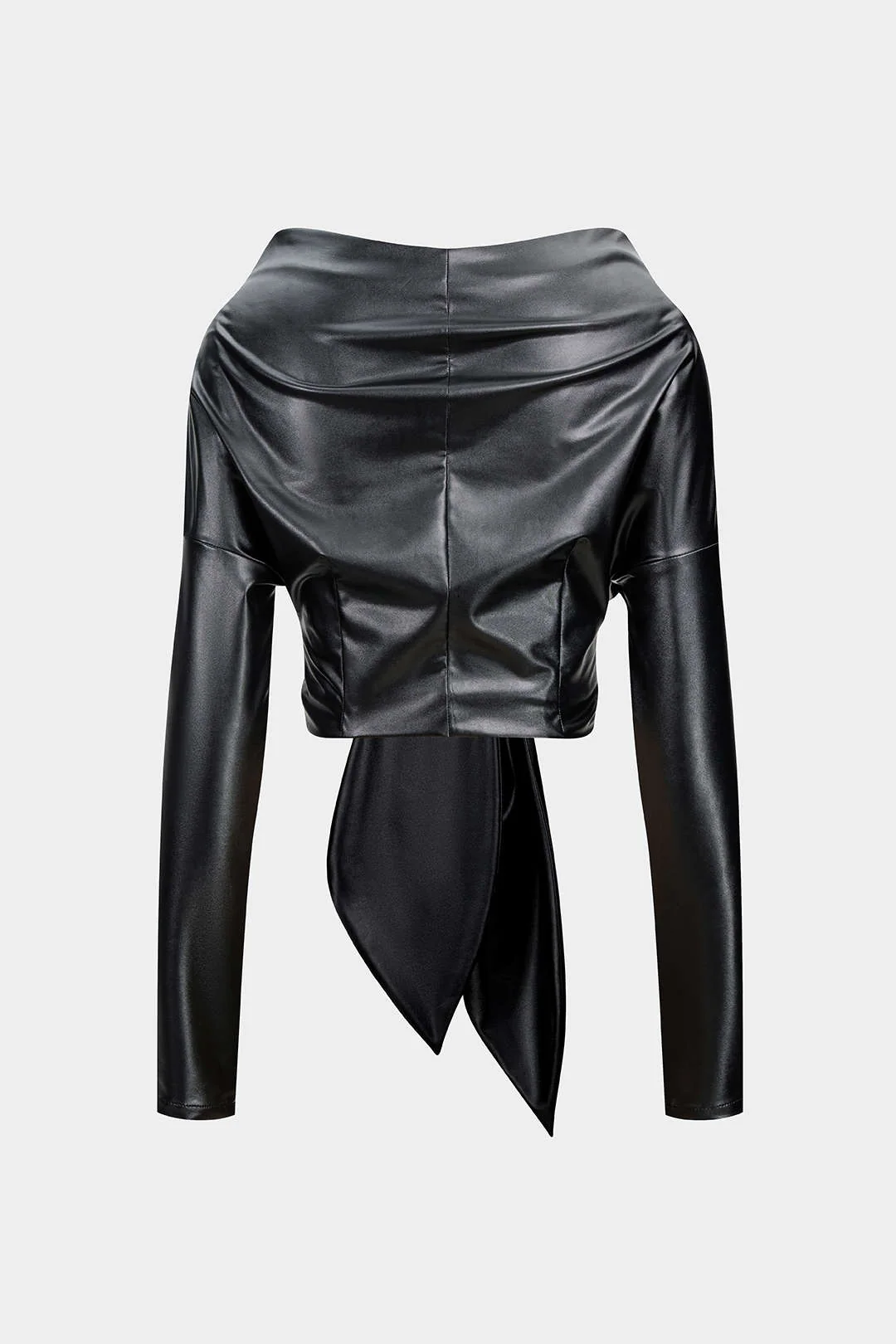 Faux Leather Tie Front Ruched Long-Sleeve Shirt - Flockneti