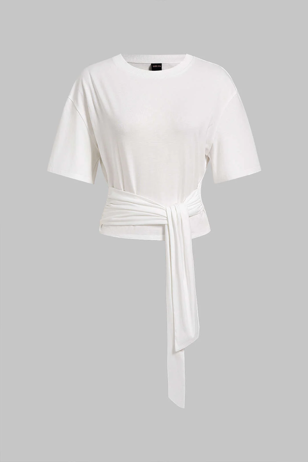 Round Neck Ruched Knotted Short Sleeve T-Shirt - Flockneti