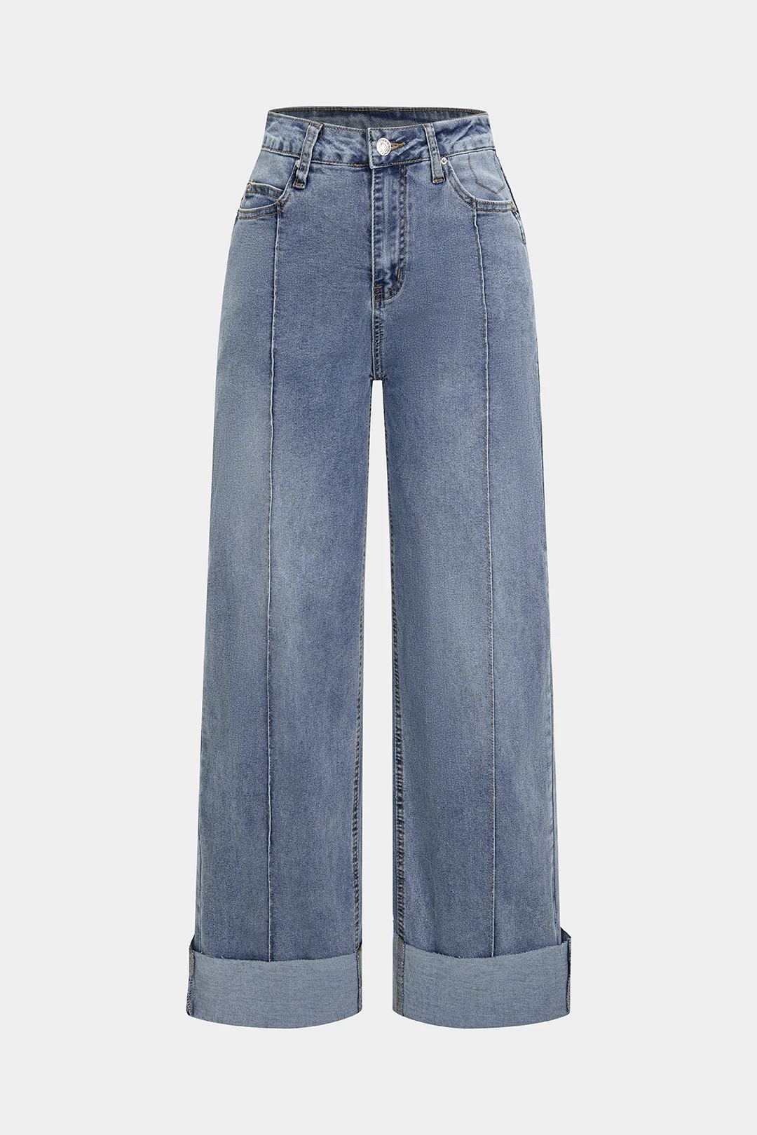 Denim High Waist Cuffed Straight Leg Jeans - Flockneti