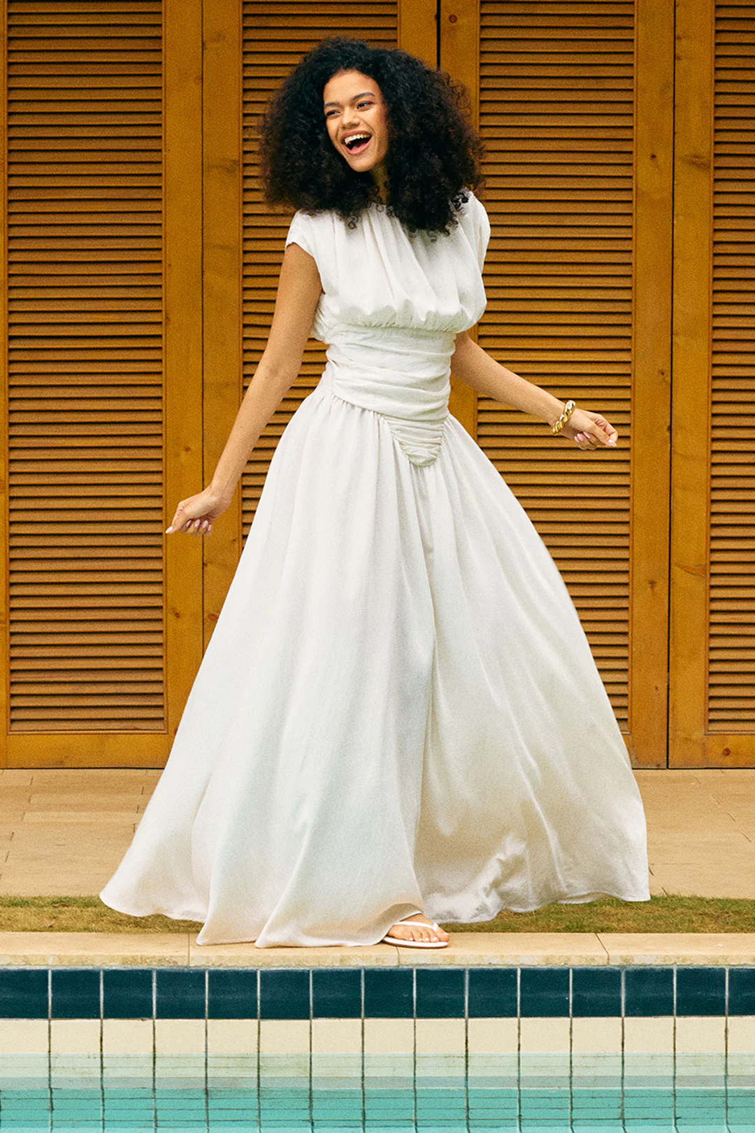 Linen Round Neck Ruched Backless Sleeveless Maxi Dress - Flockneti