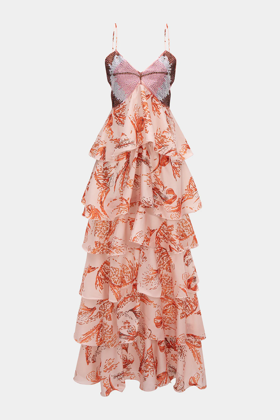 Butterfly Print Ruffle Rhinestone Tie-Up Backless Sleeveless Maxi Dress - Flockneti