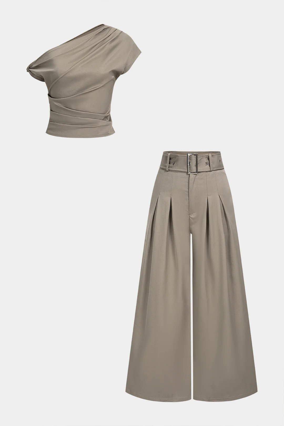 One Shoulder Ruched Twist Knot Tank Top And Belted Wide Leg Pants Set - Flockneti